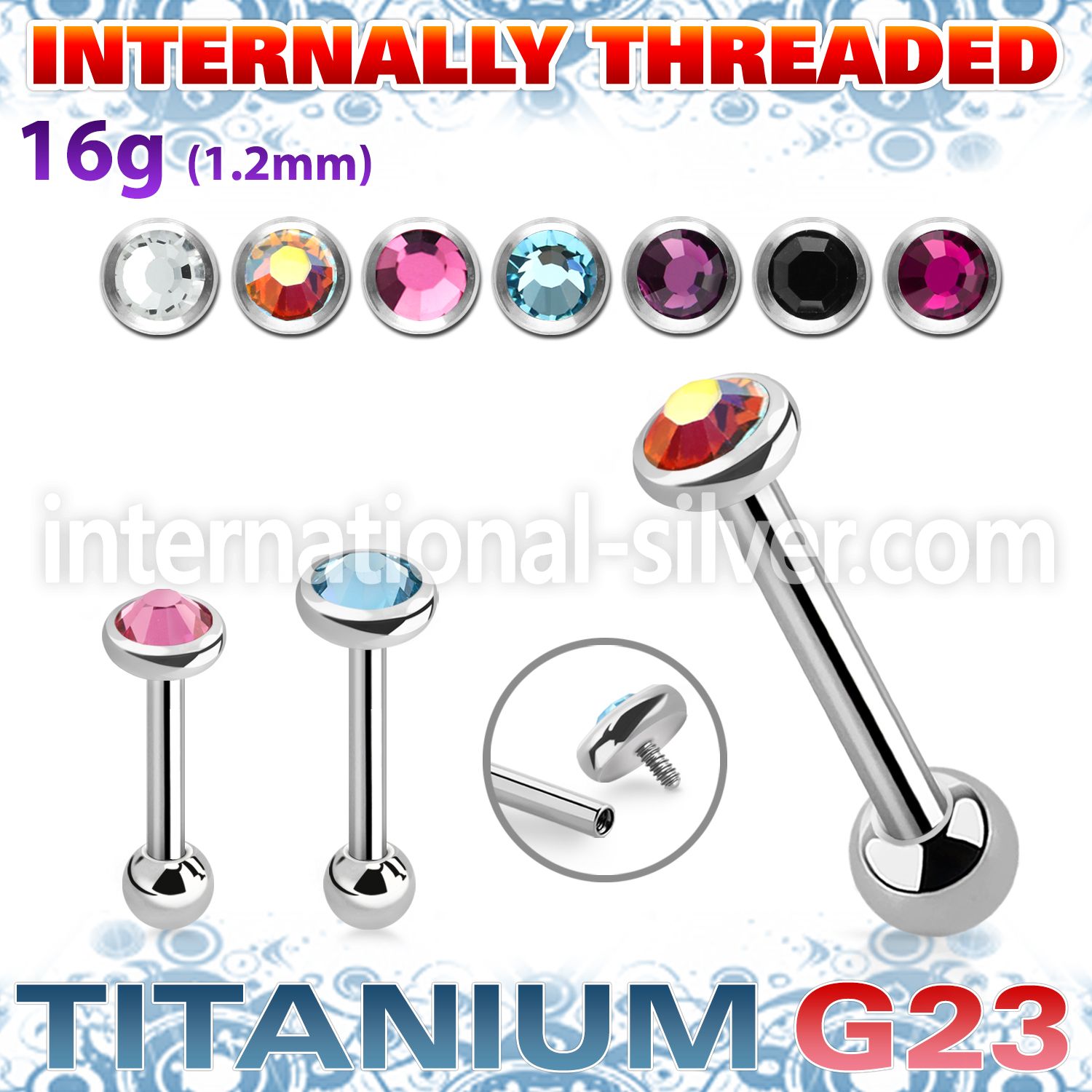 uhein11 titanium barbell internal threading 3 5 color crystal