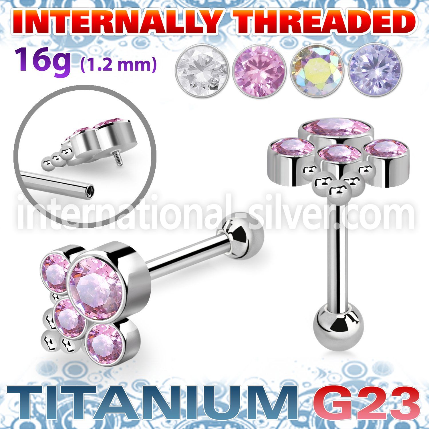 uhein17 titanium barbell bohemian top cz ball internal