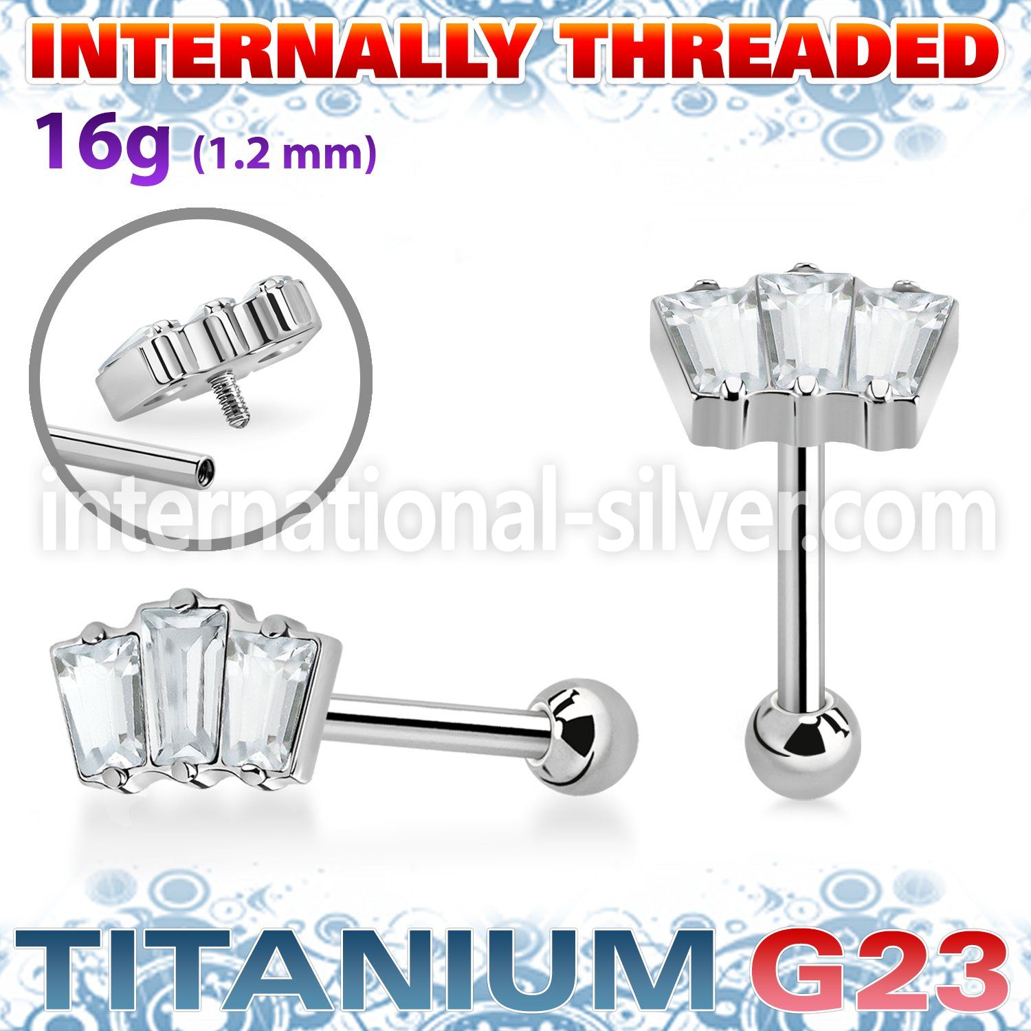 uhein26 titanium barbell three baguette cz ball internal