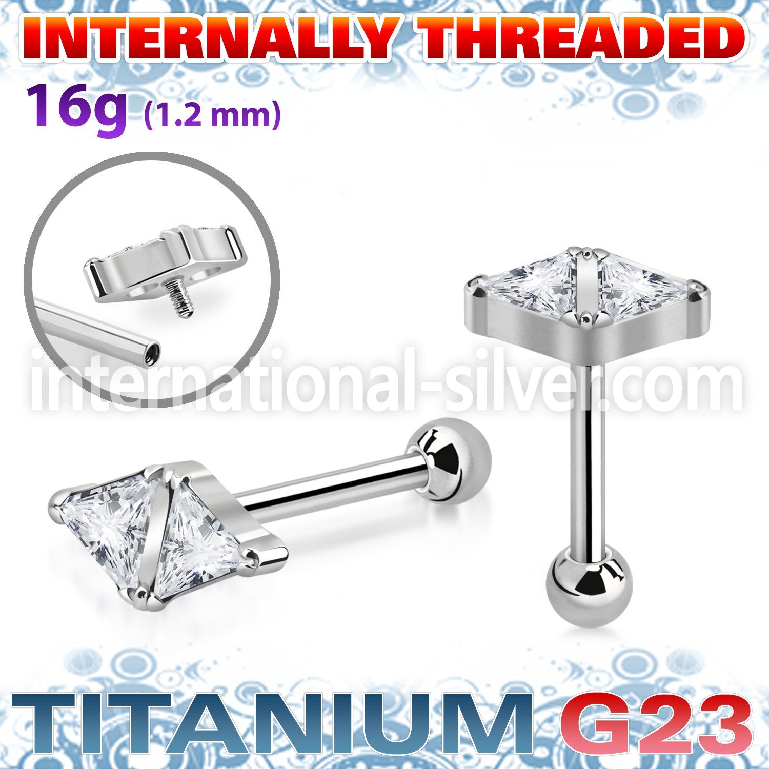 uhein32 titanium barbell double triangle cz ball internal