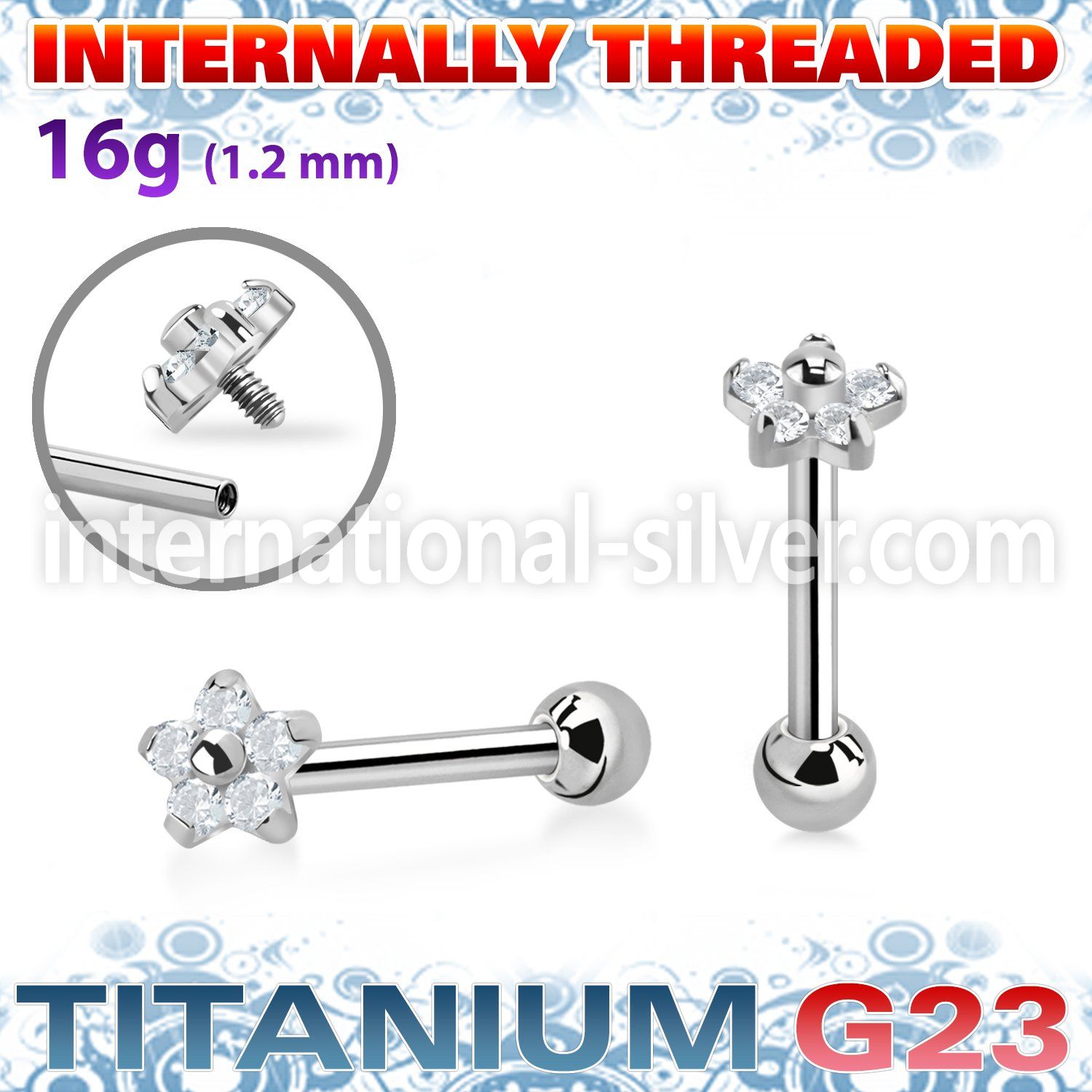 uhein54 titanium straightbarbell 16g flower cz ball internal