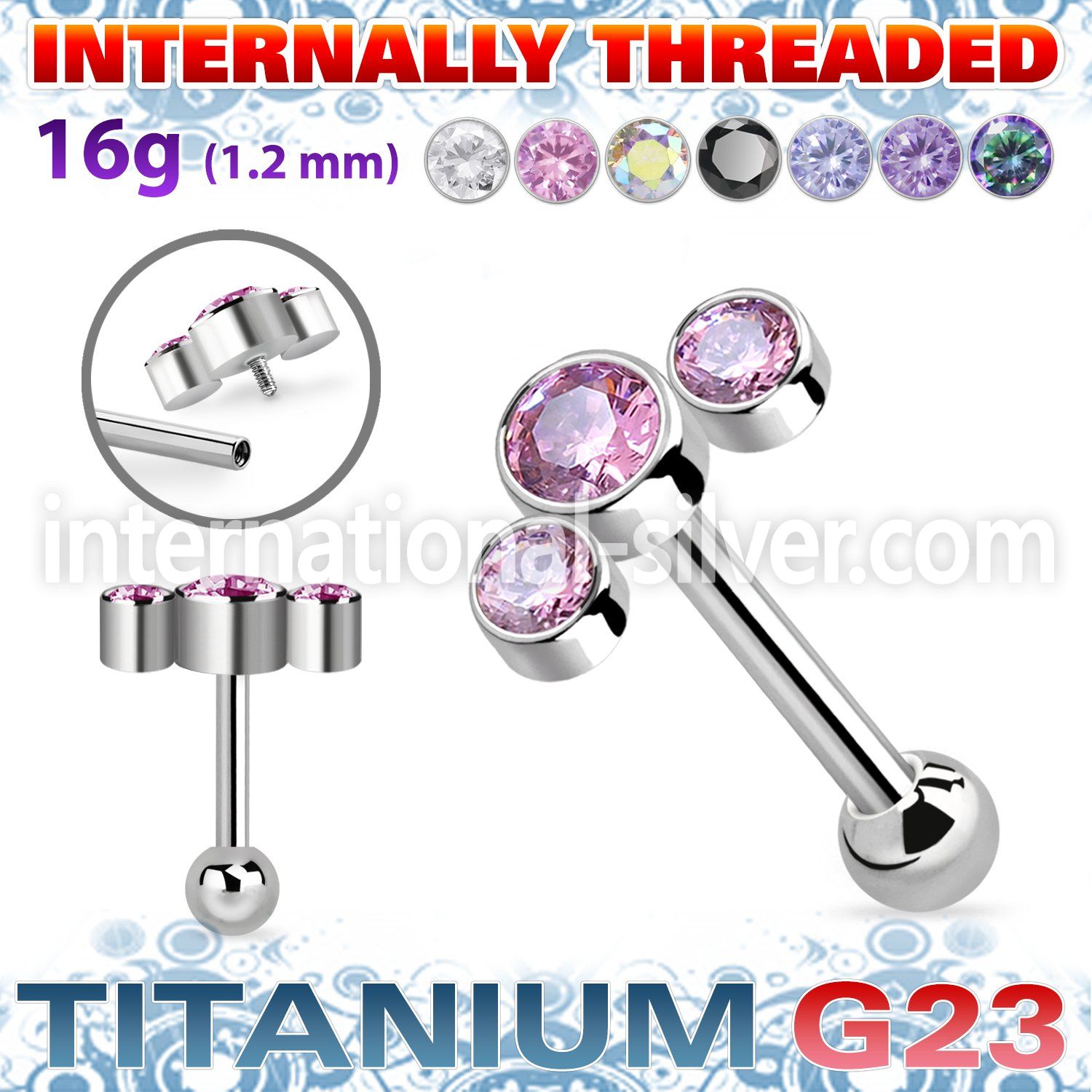 uhein9 titanium barbell internal threading 3 color cz
