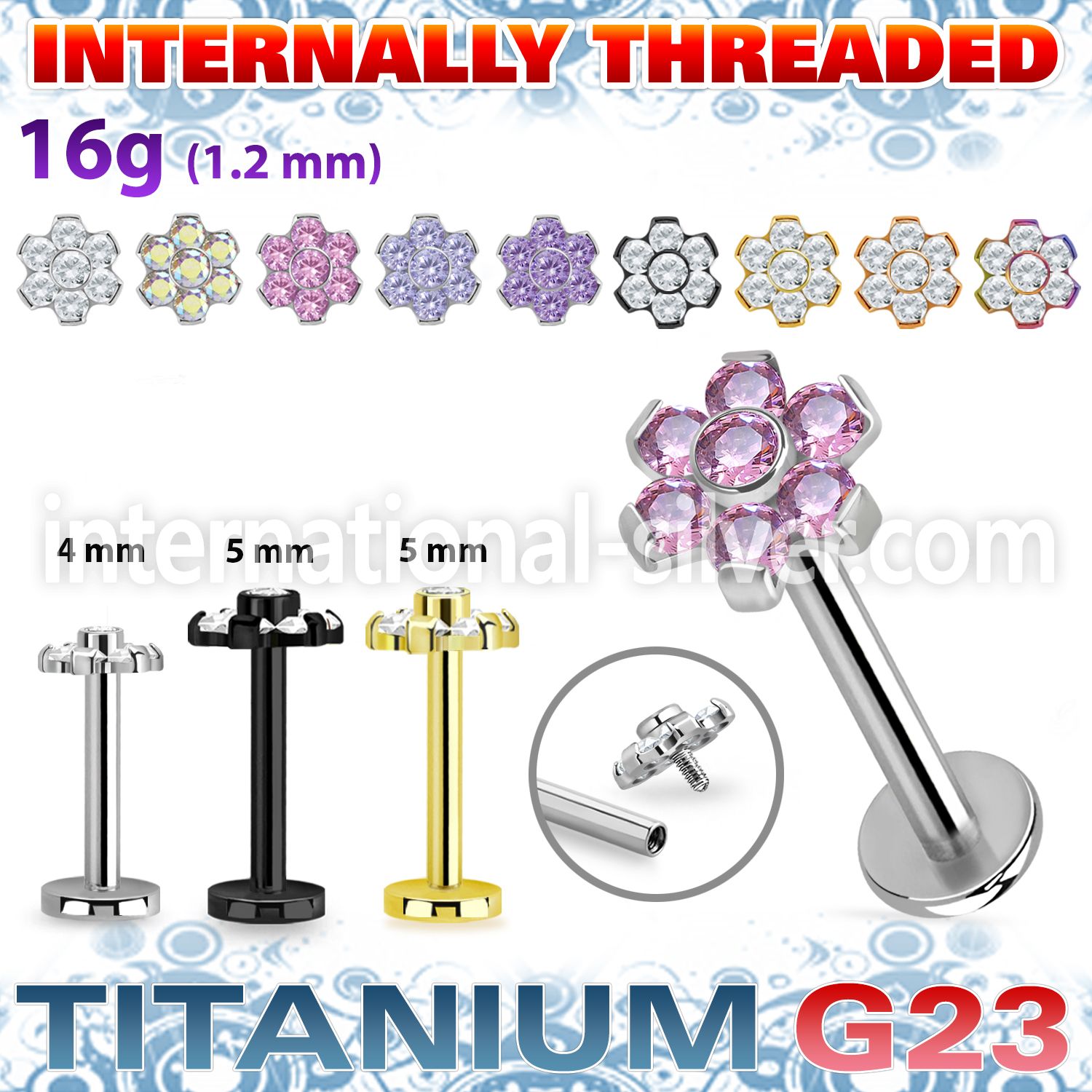 ulbin10 titanium labret internal threading 7 color cz