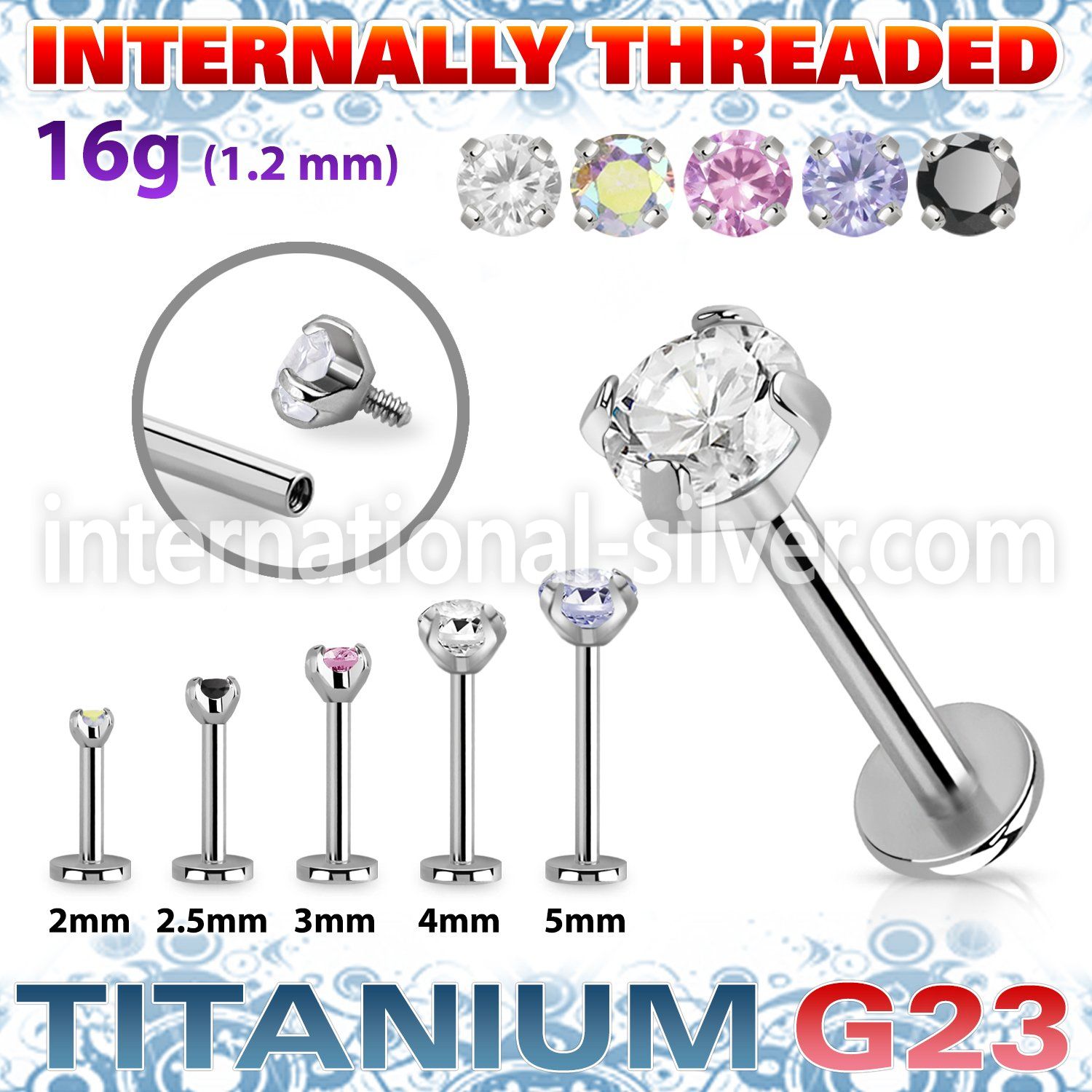 ulbin12 titanium labret internal threading 3 5 color cz