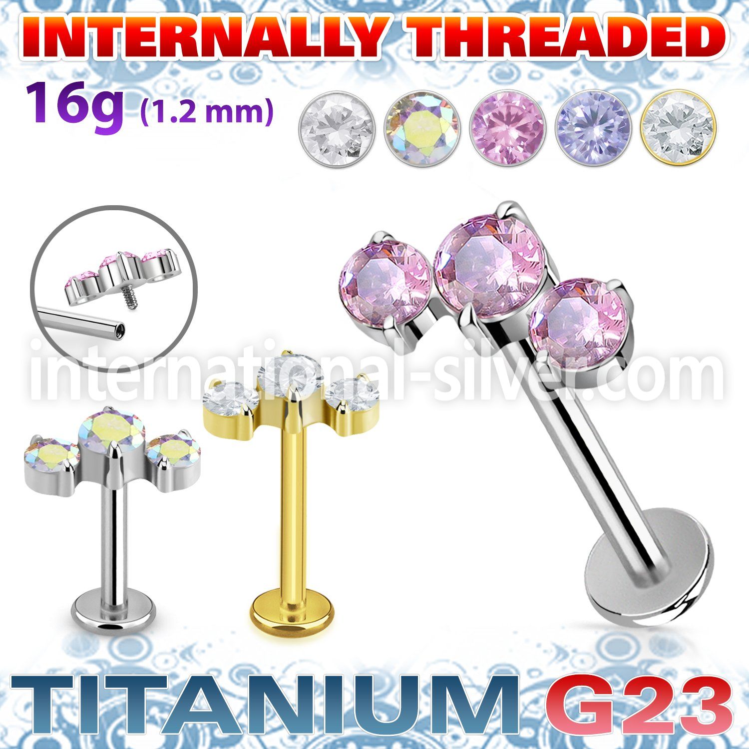 ulbin19 titanium labret stud descending prong cz internal
