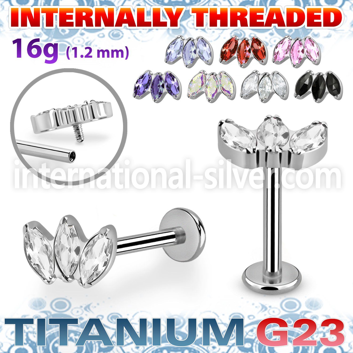 ulbin23 titanium labret stud three marquise cz internal
