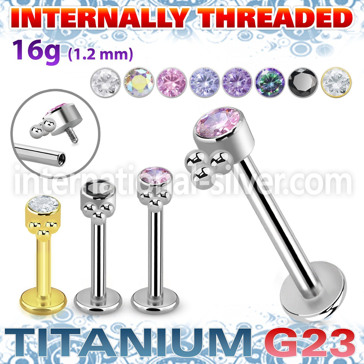 ulbin24 titanium labret stud three balls cluster cz internal