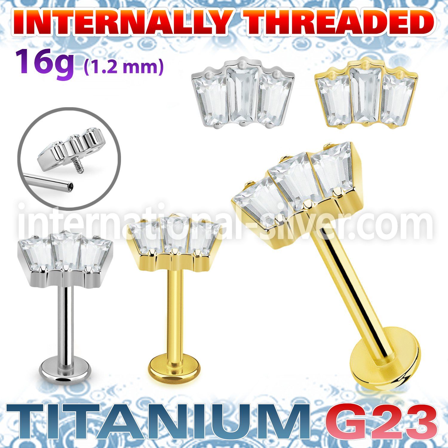 ulbin26 titanium labret stud 16g three baguette cz internal