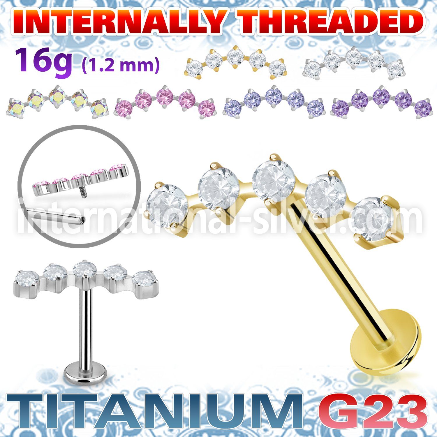 ulbin27 titanium labret stud prong cz curve top internal