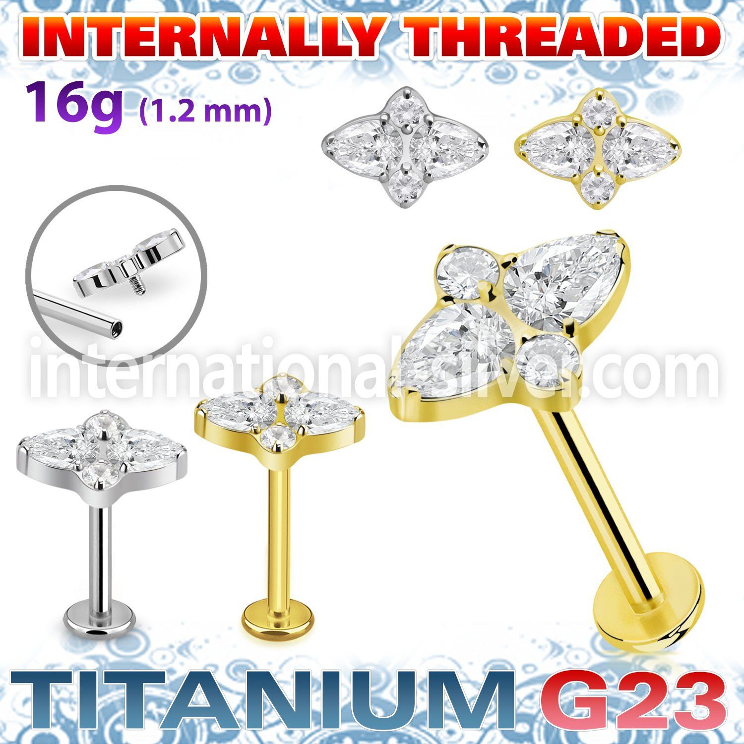 ulbin31 titanium labret stud 16g teardrop and cz internal