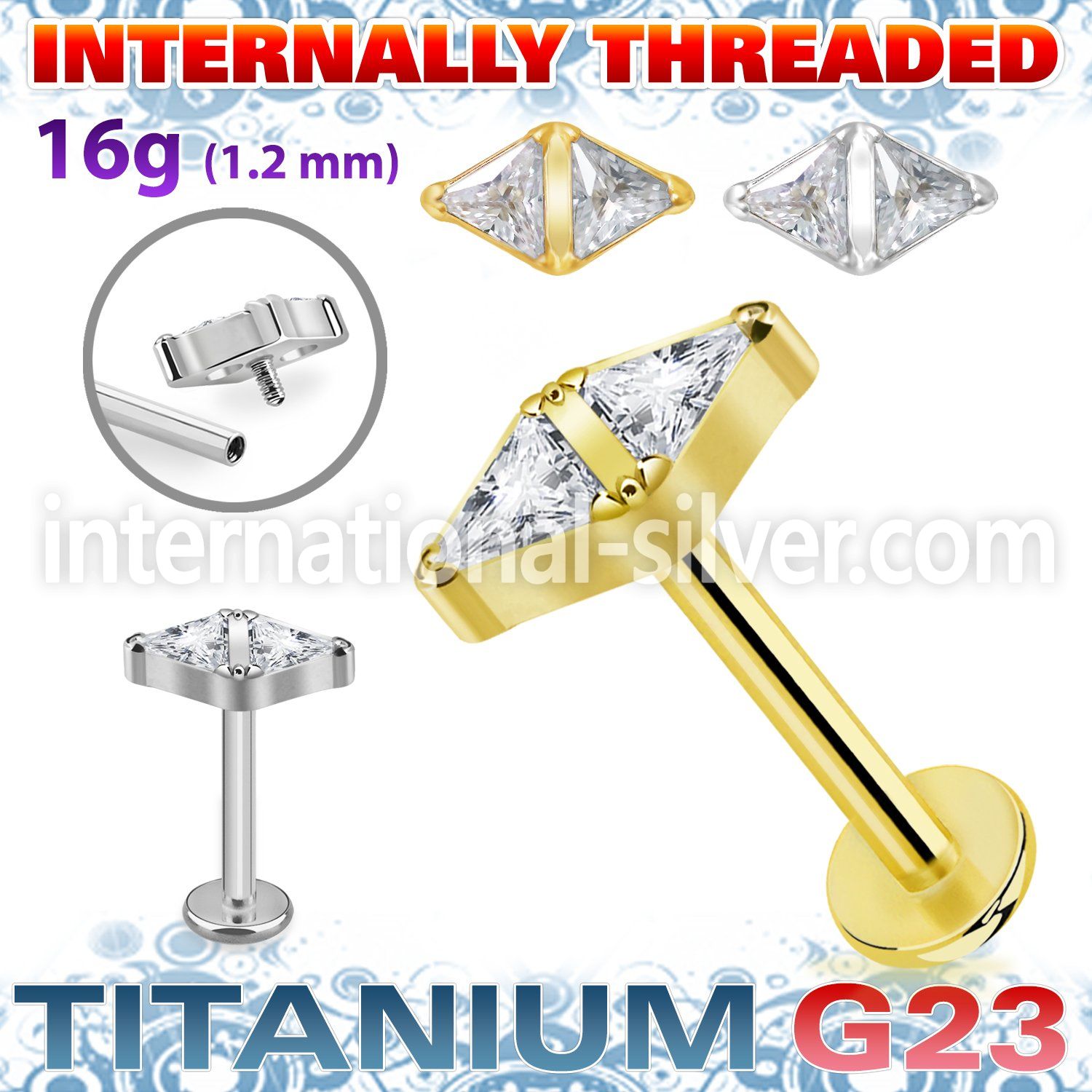ulbin32 titanium labret stud 16g double triangle cz internal