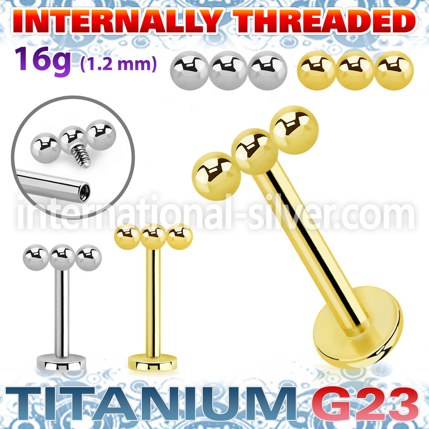 ulbin53 titanium labret stud 16g three balls internal