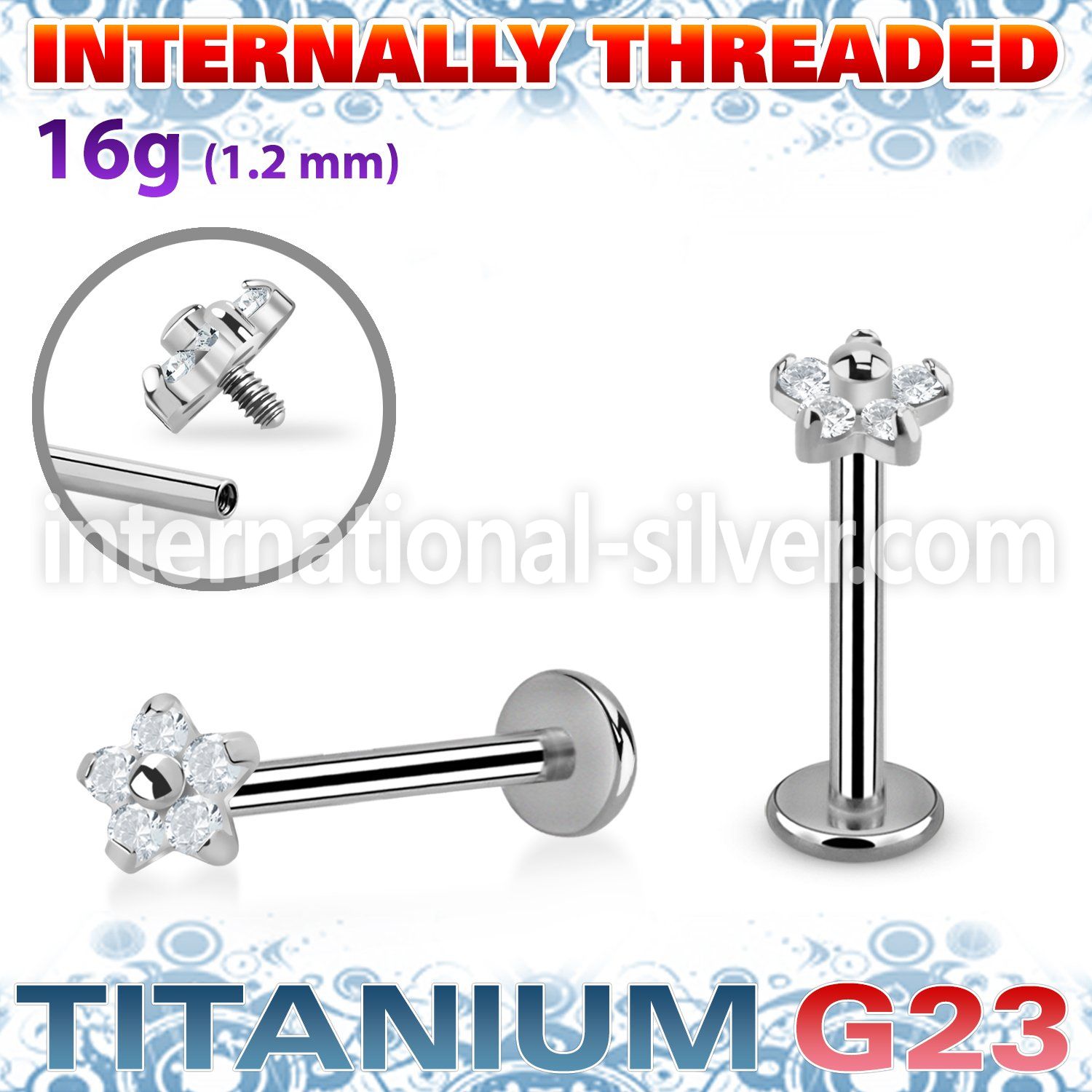 ulbin54 titanium labret stud 16g flower top five cz internal