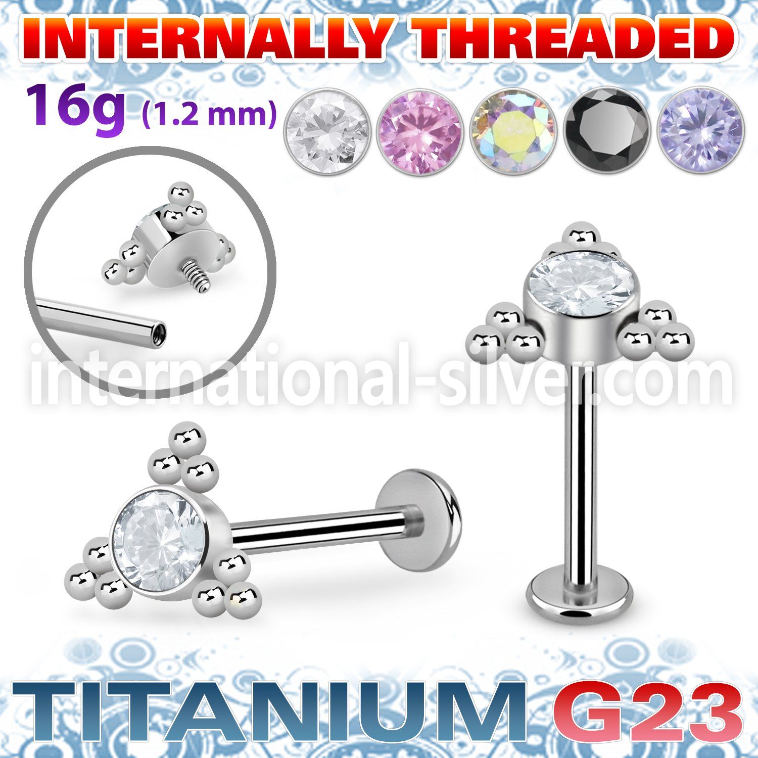 ulbin7 titanium labret internal threading round cz