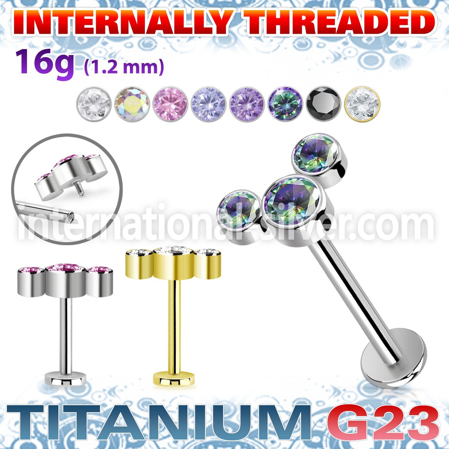 ulbin9 titanium labret internal threading 3 color cz