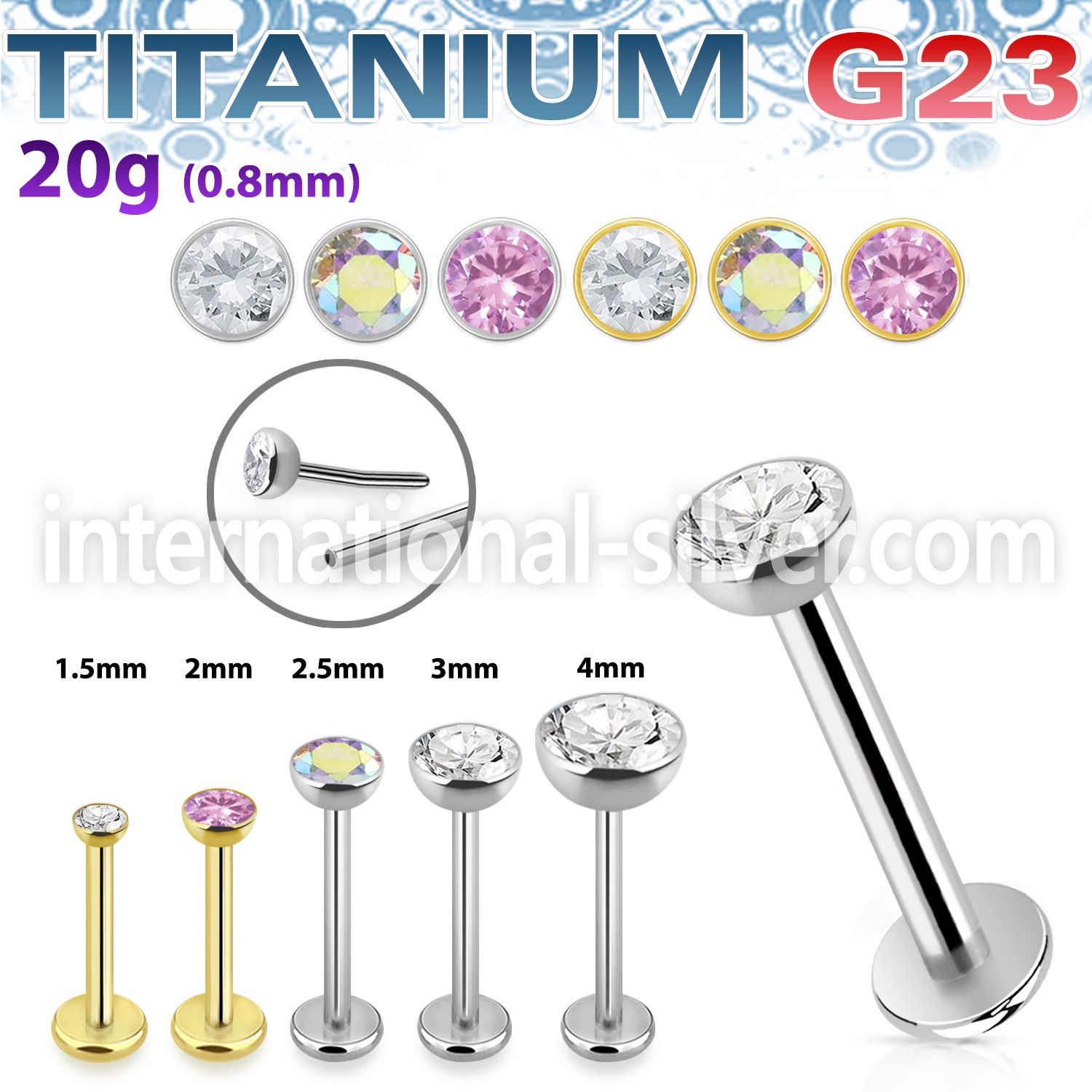 ulbpisz20 titanium labret stud 20g threadless push in top