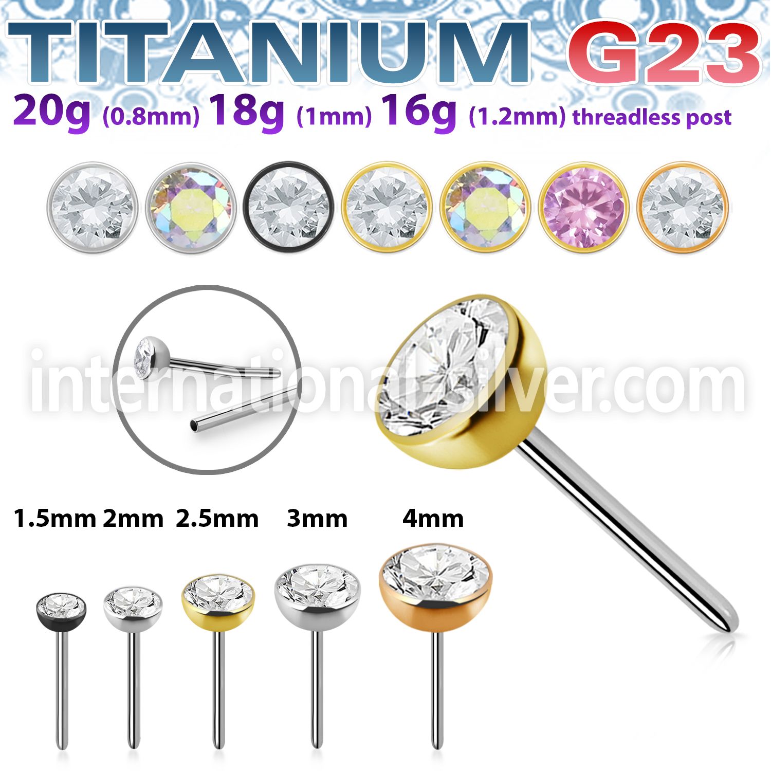 upinz titanium threadless push in top press fit cz
