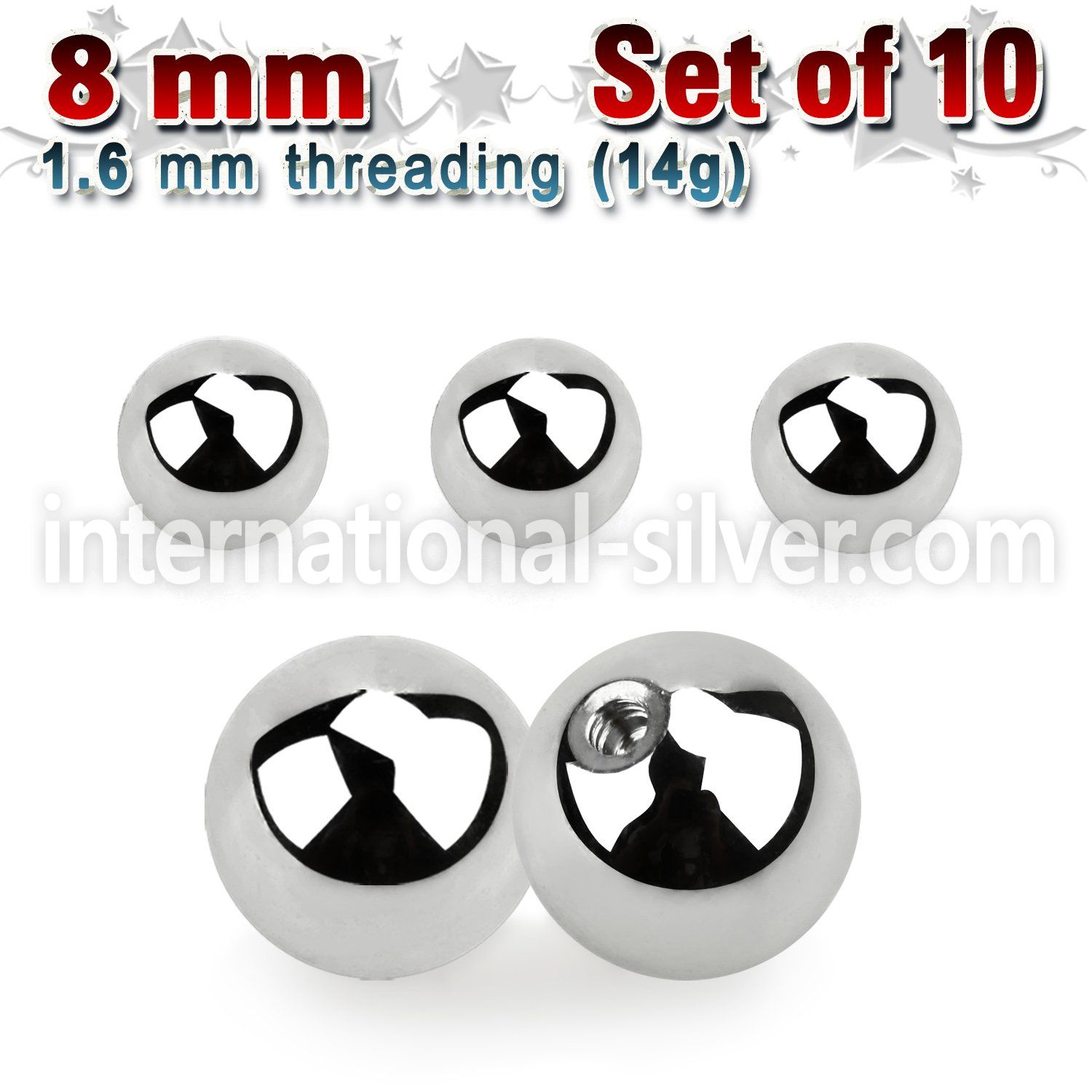 xbal8 pack of 8mm high polished 316l steel balls threading 14g