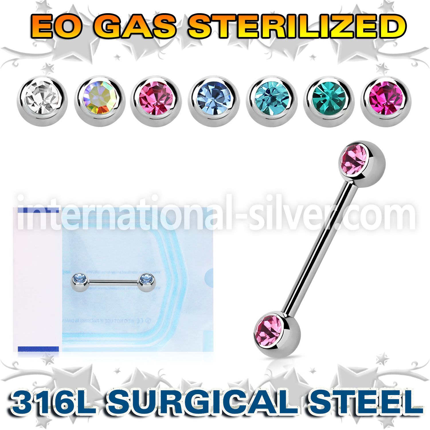zbbnp2c sterilized steel nipple barbell 14g gem balls