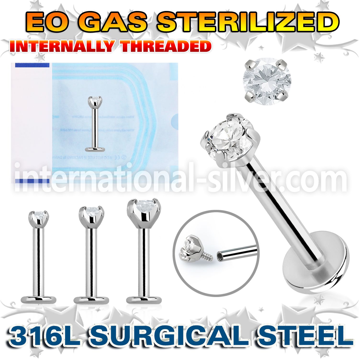zlbczin sterilized steel labret stud 16g cz internal
