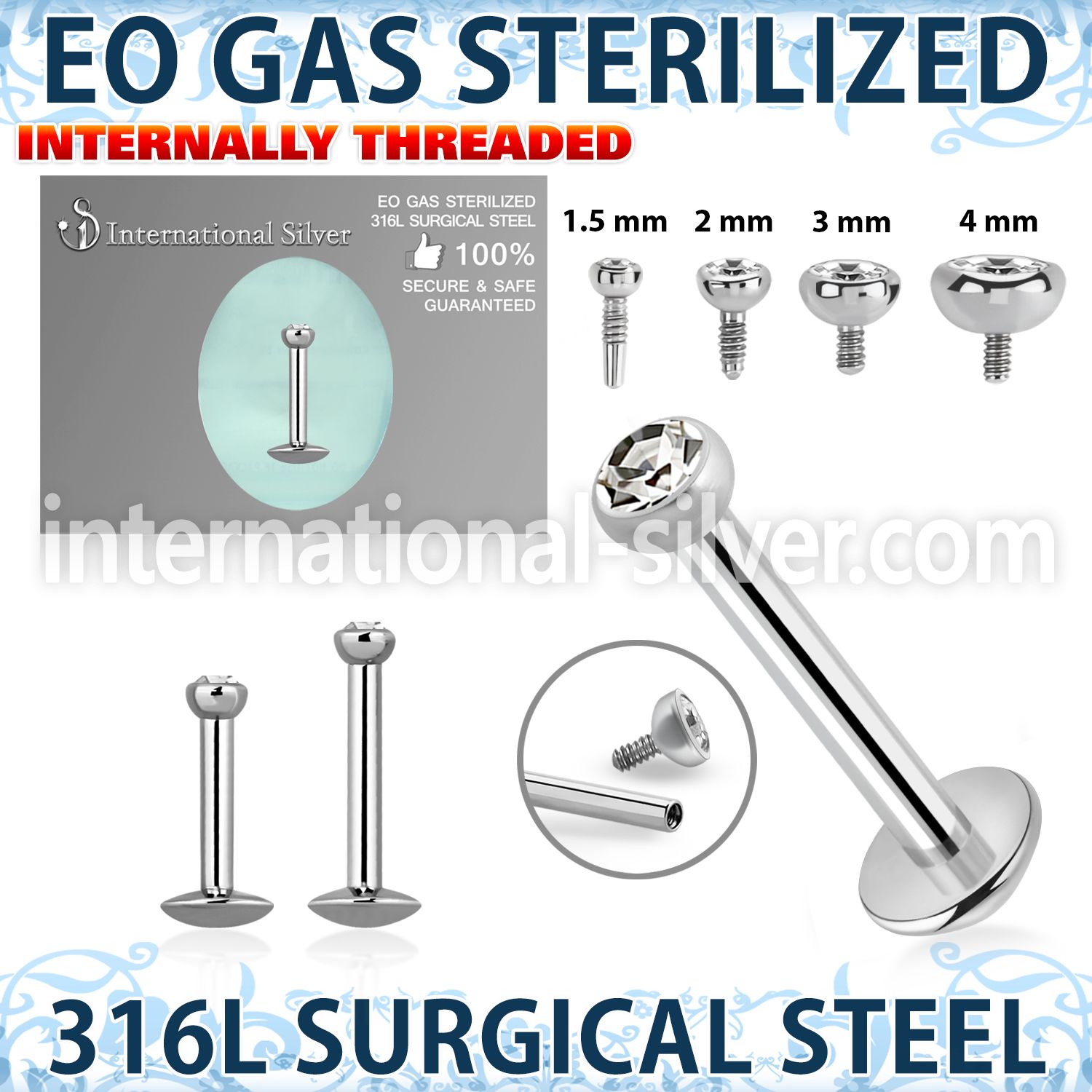 zlbirc sterilized steel labret stud flat head gem internal