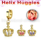ehgz590 gold stainless steel helix huggie w dangling crown w cz