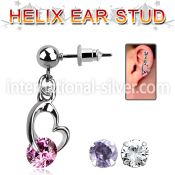 erbz377 ball shaped steel ear stud w heart with round cz