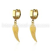 erg584 gold steel huggies earrings w dangling bird wing