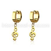 erg709 gold steel huggies earrings w dangling musical note