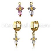 ergz518 gold steel huggies earrings w dangling cross w 4 czs