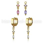 ergz522 gold steel huggies earrings w dangling oval cz