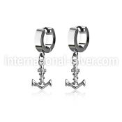 erh699 steel huggies earrings w dangling plain anchor w rope