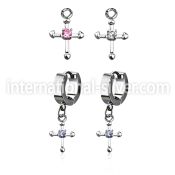 erhz14s steel huggies earrings w small dangling cross w tiny cz