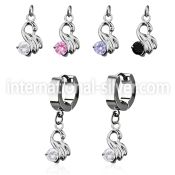 erhz375 steel huggies earrings w dangling little swan w round cz
