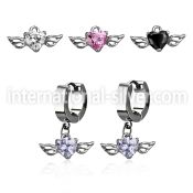 erhz586 steel huggies earrings w dangling heart shaped cz w wing