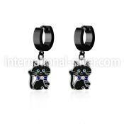 erk503 black steel huggies earrings w dangling black cat design