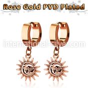 err726 rose gold stainless steel huggie earring w dangling sun 