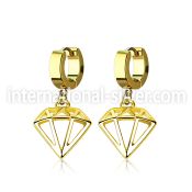 gold pvd plated steel huggies w diamond dangling 