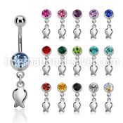 mcd767 steel belly banana, 14g w jewel ball w a dangling tulip 