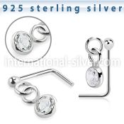nsdvbz1 silver l shaped nose stud ball press fit dangling cz