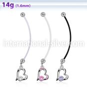 pndz362 pregnancy belly ring w dangling heart w a prong set cz