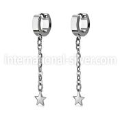 steel huggies earrings w a steel star on long chain 