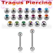 surgical steel tragus barbell, 16g (1.2mm) with a top 3mm bezel jewel ball and a plain 3mm steel ball