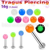 tlbglb3 316l steel tragus labret 16g 3mm glow in the dark ball 