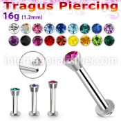 tlbic steel tragus labret w a 2.5mm flat head crystal top