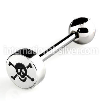 bbec7 316l steel tongue barbell with 8mm skull logo top