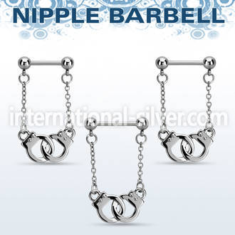 bbnpd9 316l steel nipple barbell w dangling handcuff w 5mm ball