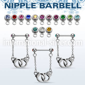 bbnpd9j steel nipple barbell w dangling handcuff w 2 jewel ball