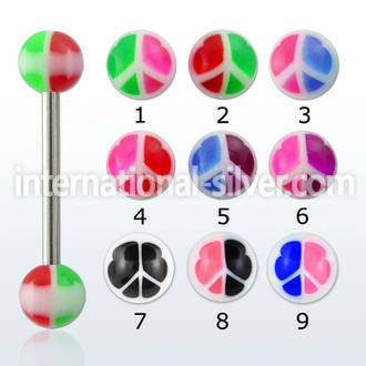 bbpea 316l steel tongue barbell w acrylic ball w peace sign