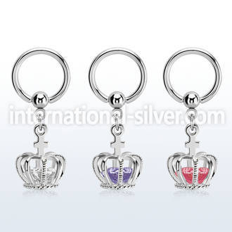 bcrgz590 316l steel bcr, 14g dangling crown w cz